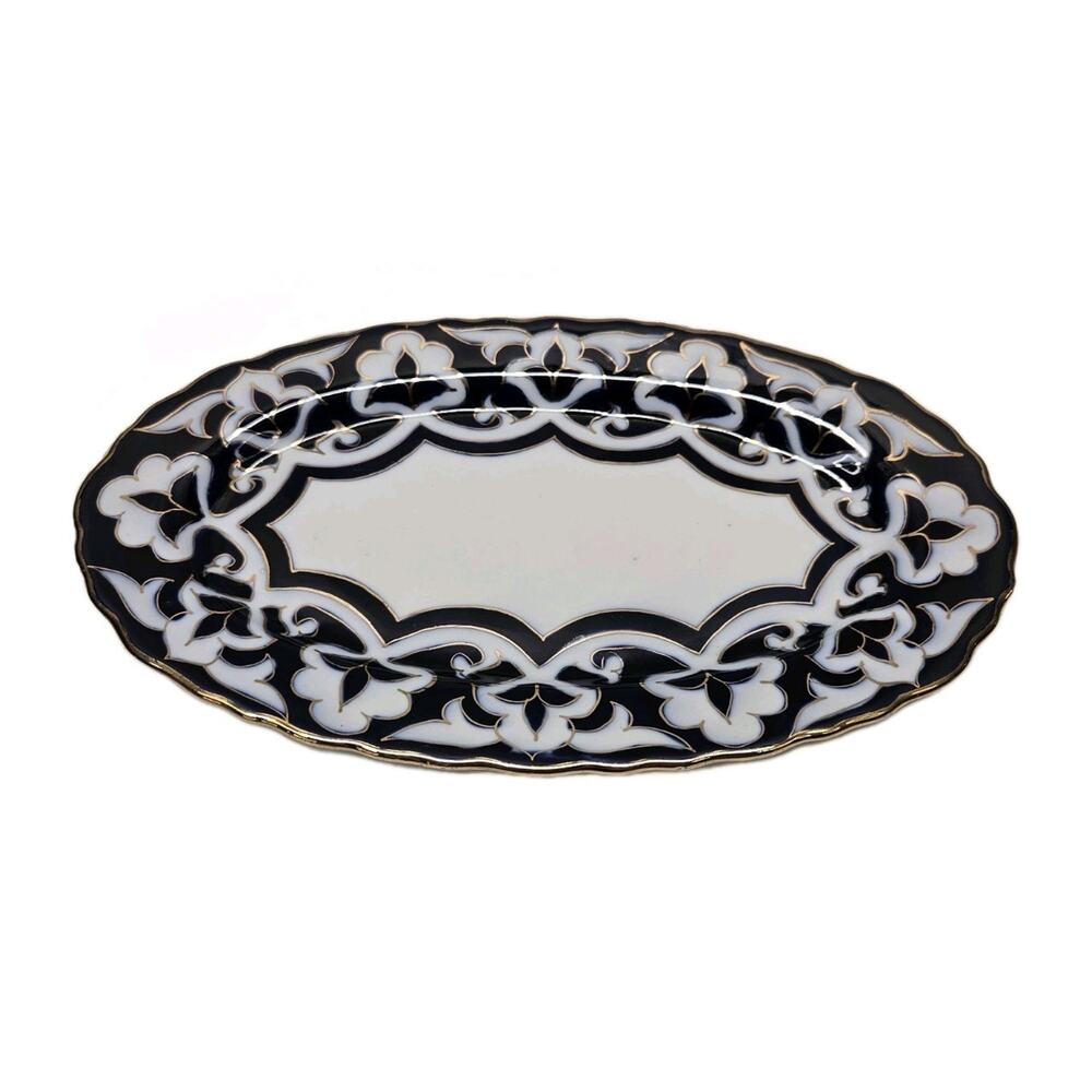 Vintage Oval Platter Uzbek Cotton Flower Design Porcelain Plate Blue Gold Rim